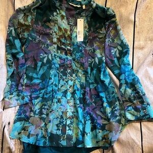 NEW Soft Surroundings Teal Purple Floral Blouse Artsy Sheer with Tank Top